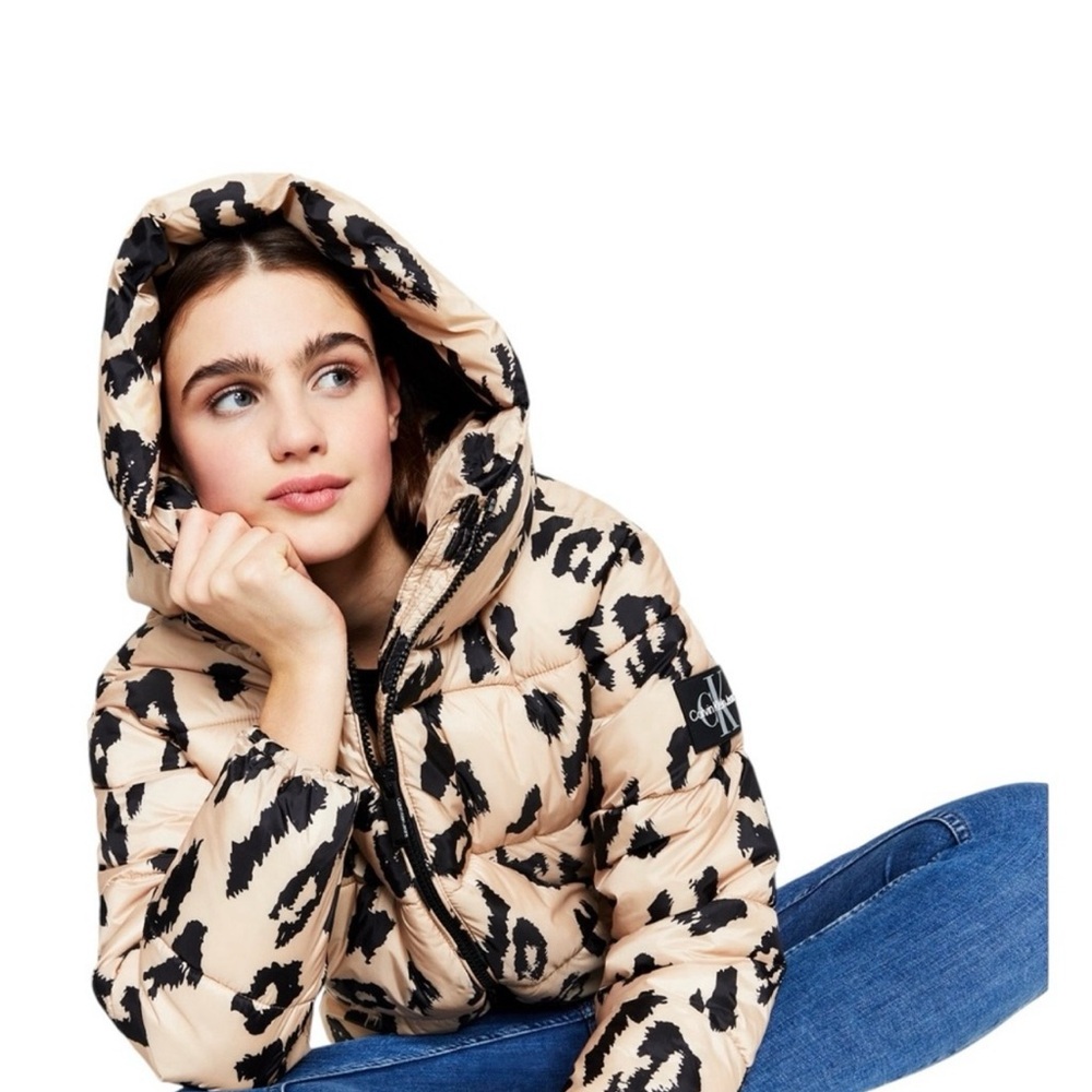 Calvin Klein Printed Hooded Boxy Cheetah Puffer Coat